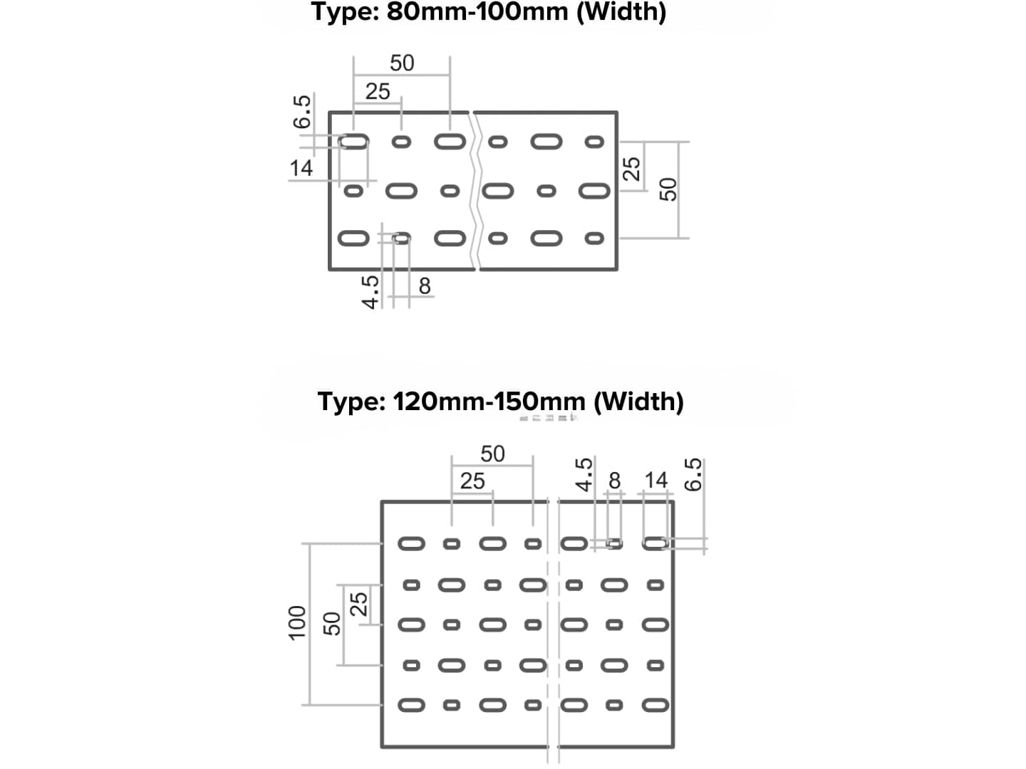 Slot Wiring Duct A and B drawing details 80-150mm